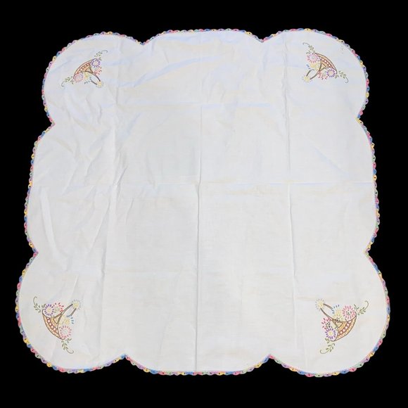 Small Cream Cotton Tablecloth  Pastel Embroidery Edges Floral 35x35in *read* - Picture 1 of 7